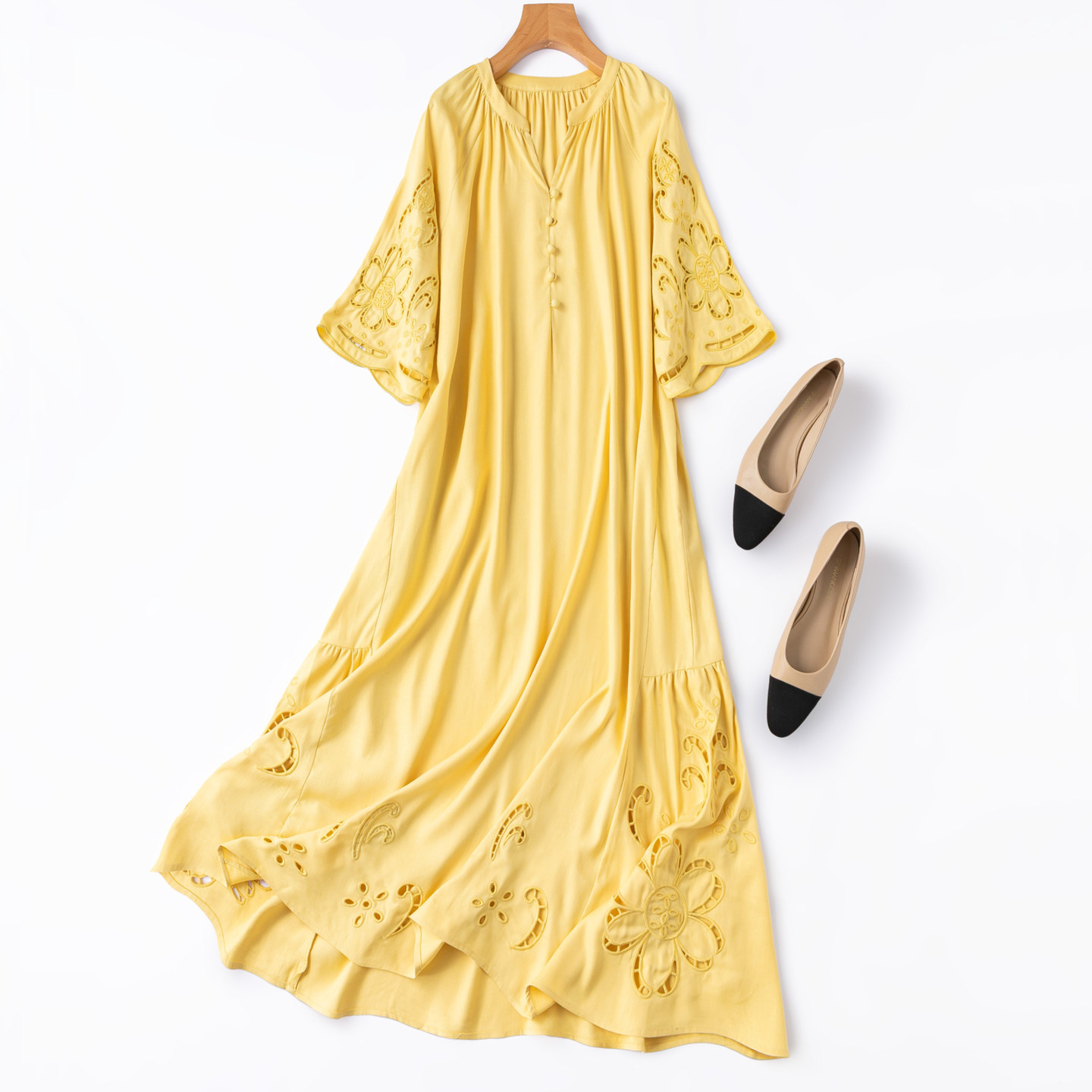 真丝重工镂空刺绣！加长款V领纯绢丝桑蚕丝中袖宽松连衣裙长裙子