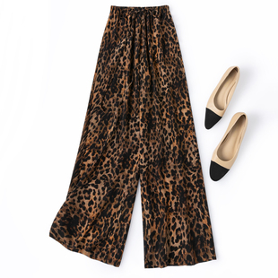野性松弛！桑蚕丝豹纹阔腿裤！真丝双绉松紧腰长裤休闲裤直筒裤
