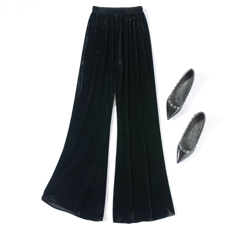丝绒摩登喇叭裤!真丝松紧腰长裤