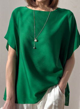 及简风！19姆米真丝弹力双乔缎两片式蝙蝠袖宽松一字领T恤连袖女