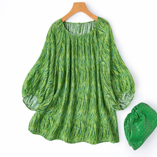 “绿麦田”森系凉快休闲真丝双绉圆领插肩灯笼袖宽松T恤上衣春夏
