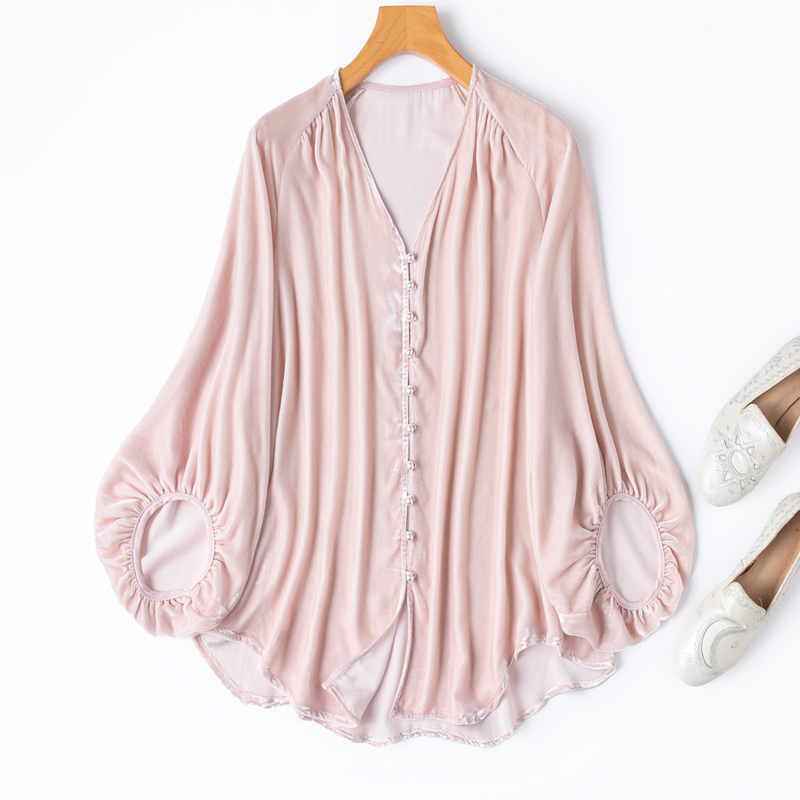减龄樱花粉真丝丝绒!V领衬衫