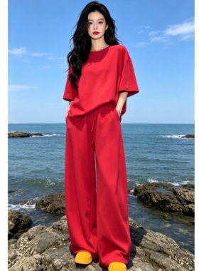 欧韩系高级感休闲运动套装女2026超火红色卫衣高腰阔腿裤两件套