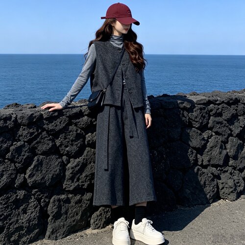 韩系小香风灰色马甲三件套女秋