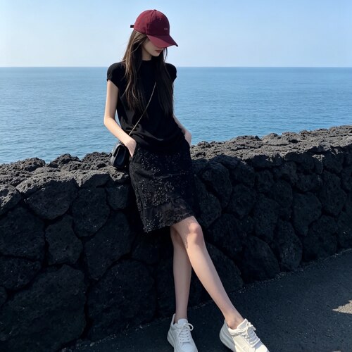 夏季韩系简约百搭圆领T恤半裙套