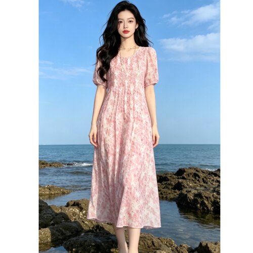 夏季新款韩版时尚气质百搭显瘦碎花连衣裙女中长款A字裙潮拍爆款
