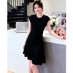 大码 小黑裙抽绳连衣裙鱼尾不规则中长款 T恤裙夏 女装 高品质气质款