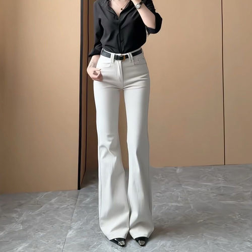 白色微喇牛仔女秋冬季加绒加厚高腰修身显瘦四面弹复古水洗超模裤