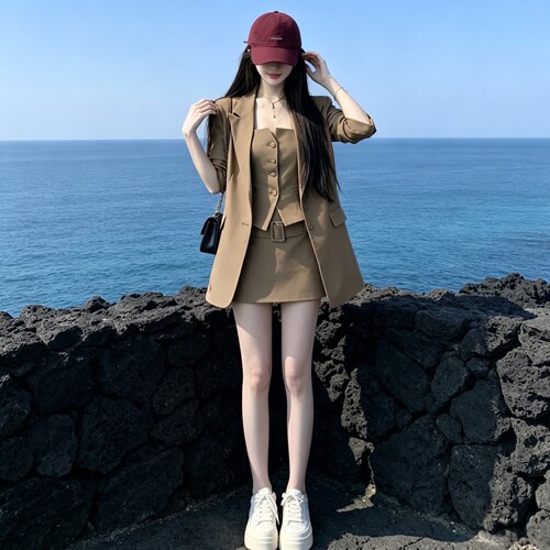 时尚FANFAN罗曼蒂克秋季韩系御姐西装外套中腰短裙气质套装小个子
