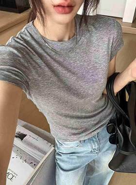 秒发RUNXI闰熙9845天丝羊毛小飞袖百搭春夏短袖T恤女短款修身上衣