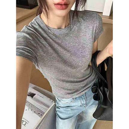 秒发RUNXI闰熙9845天丝羊毛小飞袖百搭春夏短袖T恤女短款修身上衣