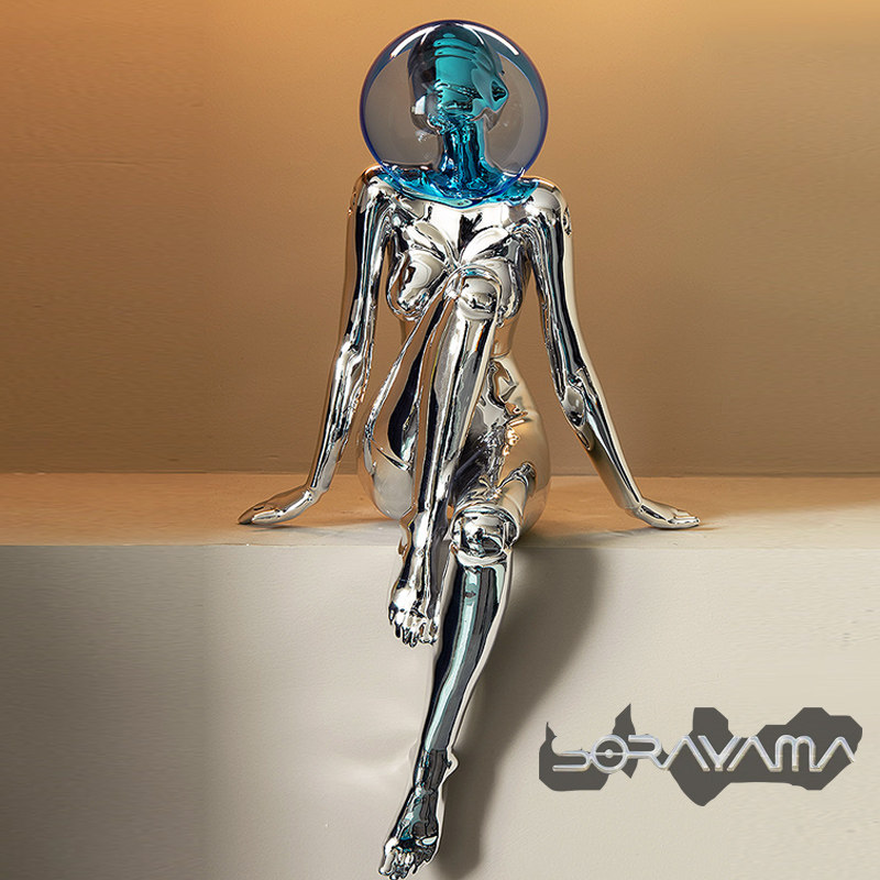 未来科技感艺术银色机械女泡泡装饰摆件客厅书房轻奢人物坐姿雕塑