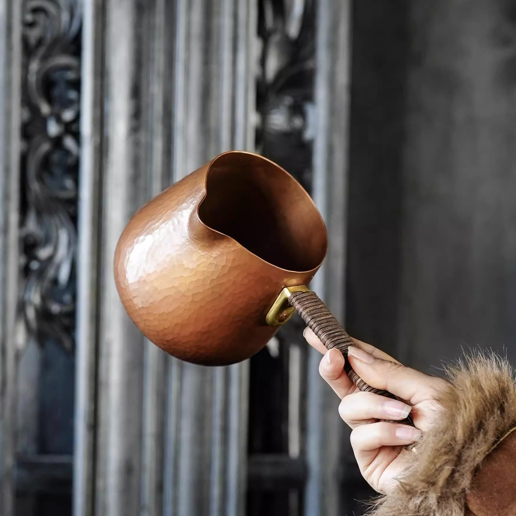 咖啡分享杯分享壶烤茶罐云南手冲器具 藤编哑光咖啡色奶锅富贵堂