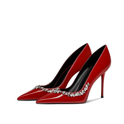 酒红色漆皮水钻气质设计感小众2025秋冬季新款尖头细跟高跟鞋女