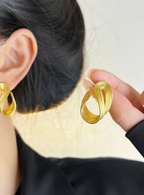 欧美风多层次长绕夸张耳环金银双色个性高级感925银针耳钉显脸小