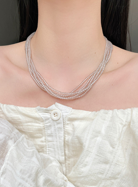 灰水晶多层项链挂钩扣小众设计