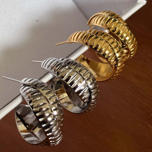 极简风C型耳圈交叉立体设计金银双色耳环S925银针百搭时尚 轻奢感