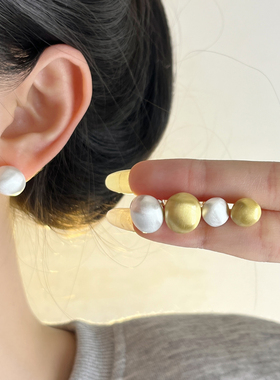 金银双色异形哑光拉丝质感耳钉实心轻奢设计感耳饰S925银针nuan山