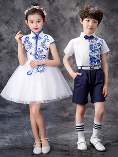新年儿童节青花瓷中国风演出服幼儿园男女童合唱服主持人舞蹈服装