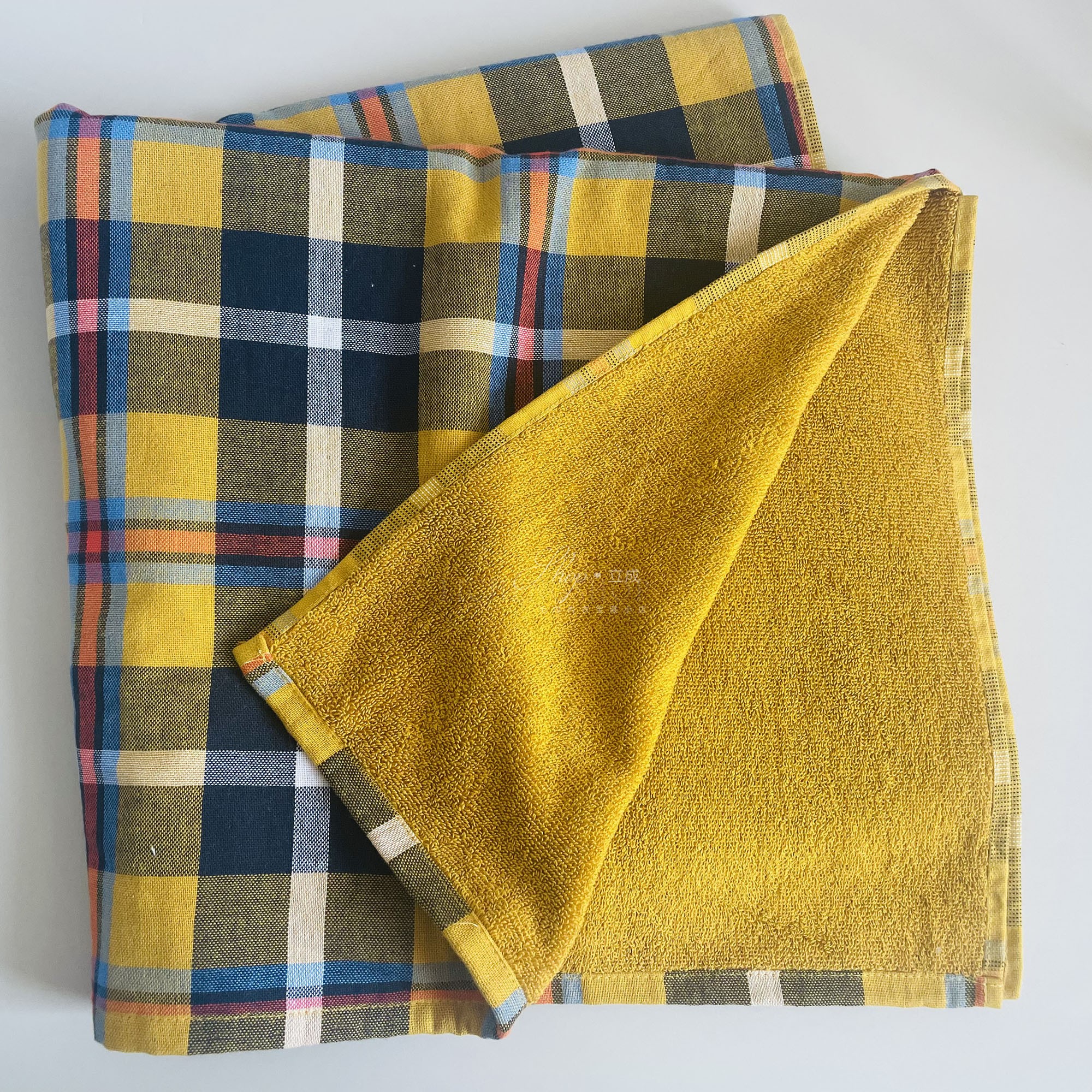 外贸剩余纯棉纱布毛圈透气舒适松软黄方格加大浴巾80*160cm 650克