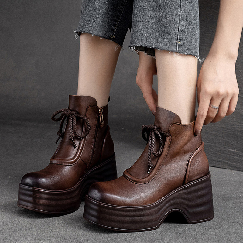 轻奢女鞋厚底马丁靴女冬松糕底瘦瘦靴真皮棕色短筒显瘦短靴小码34