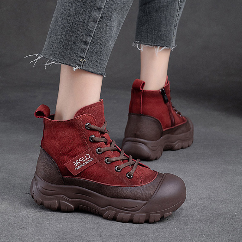 冬季新款头层牛皮复古户外红色马丁靴女厚底休闲高帮鞋真皮短靴子