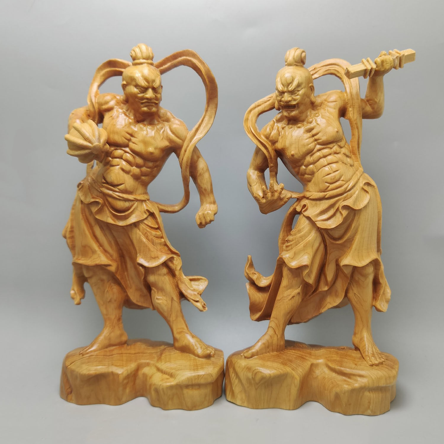 崖柏木雕哼哈二将神像摆件门前金