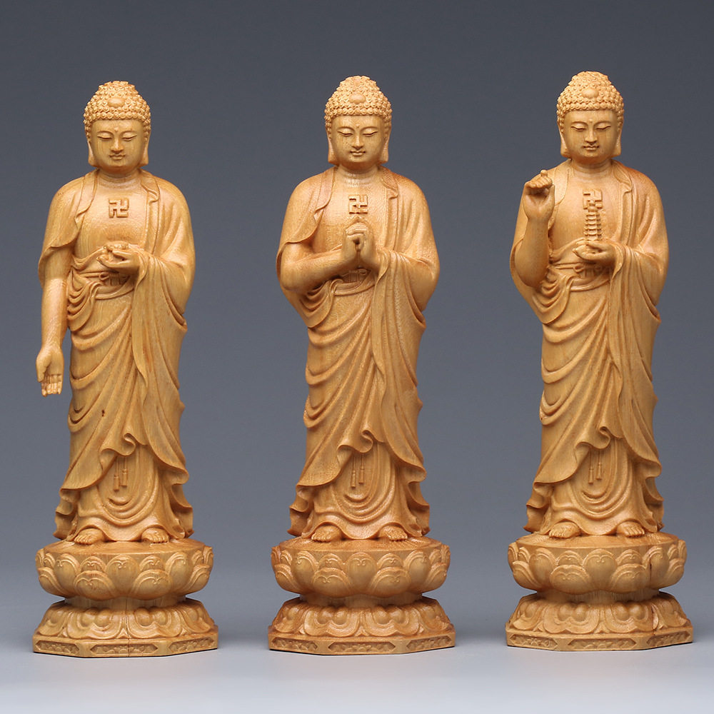 崖柏木雕药师佛像摆件 大势至观世音实木雕刻西方三圣居家装饰品