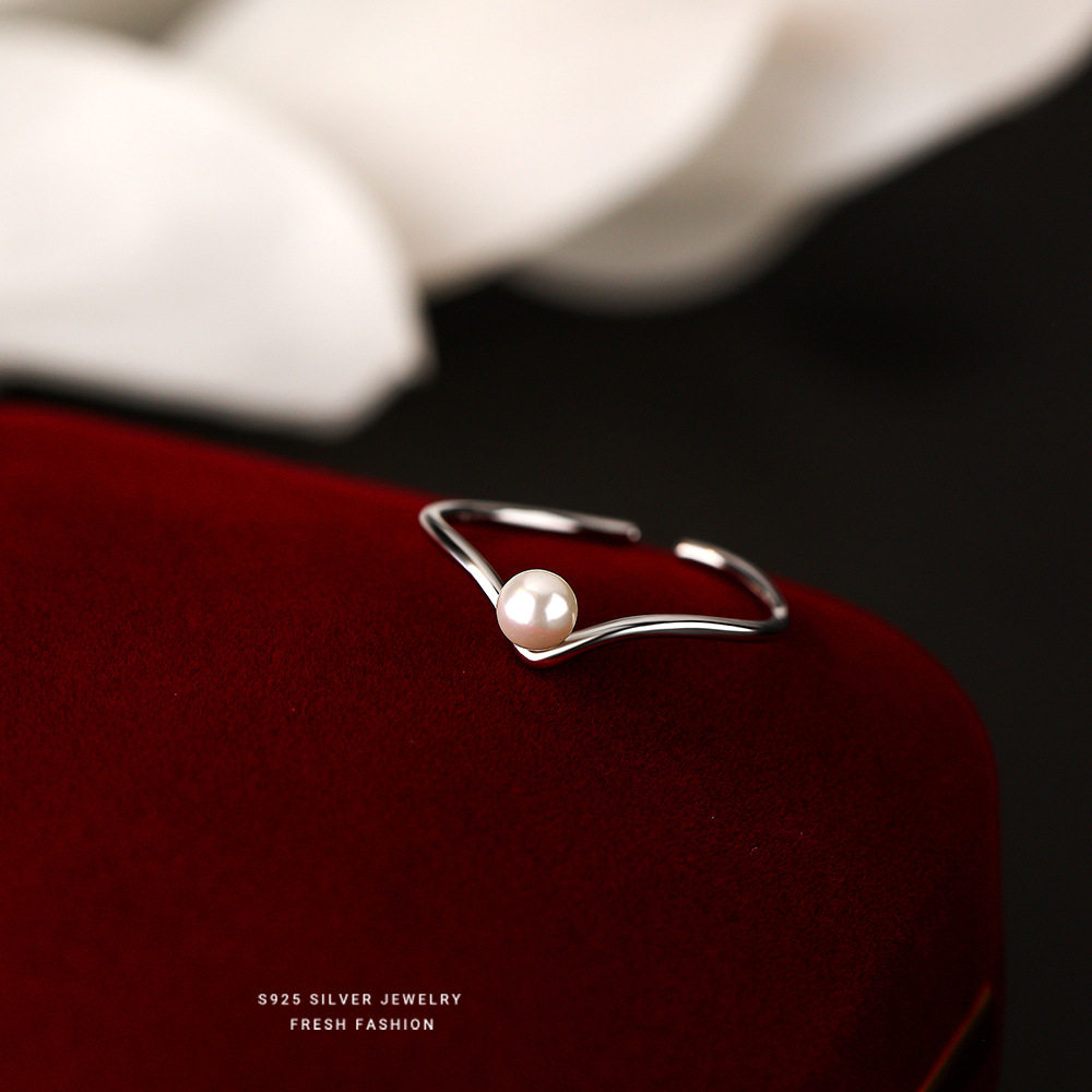 925纯银v型几何贝珠戒指环女款设计感高级简约小众气质韩版法式潮