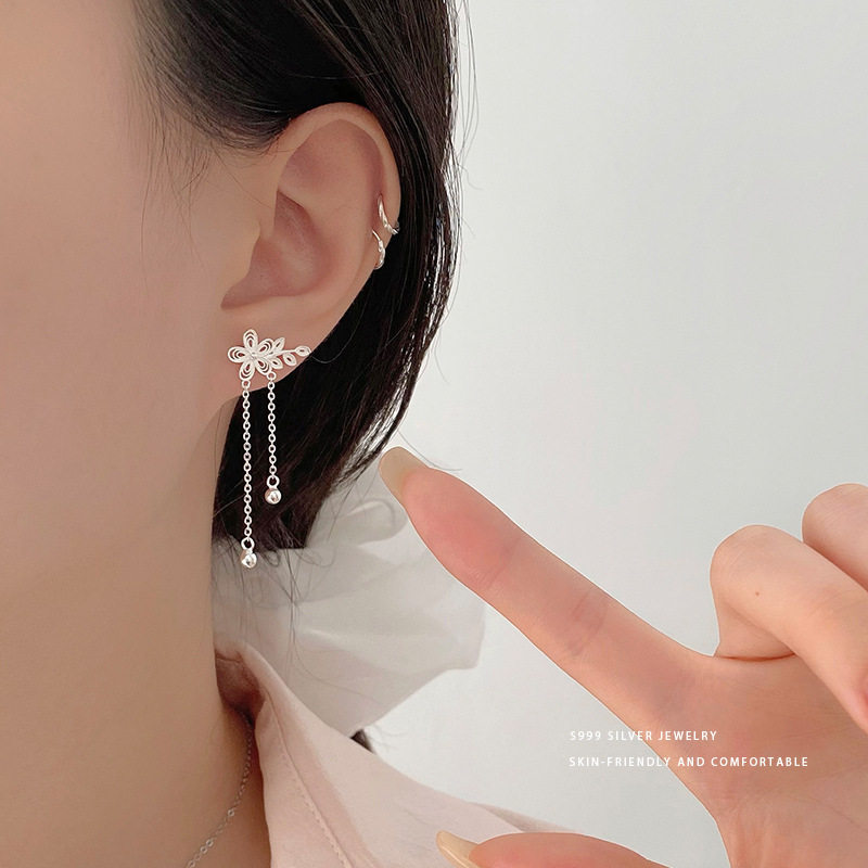 通体S999足银纯银轻奢花朵叶子流苏耳环耳坠高级感设计感气质韩版,饰品/流行首饰/时尚饰品新,银饰耳饰,淘宝优惠券,粉丝福利购,淘宝优惠卷
