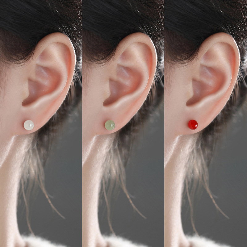 通体S999足银纯银和田玉耳钉