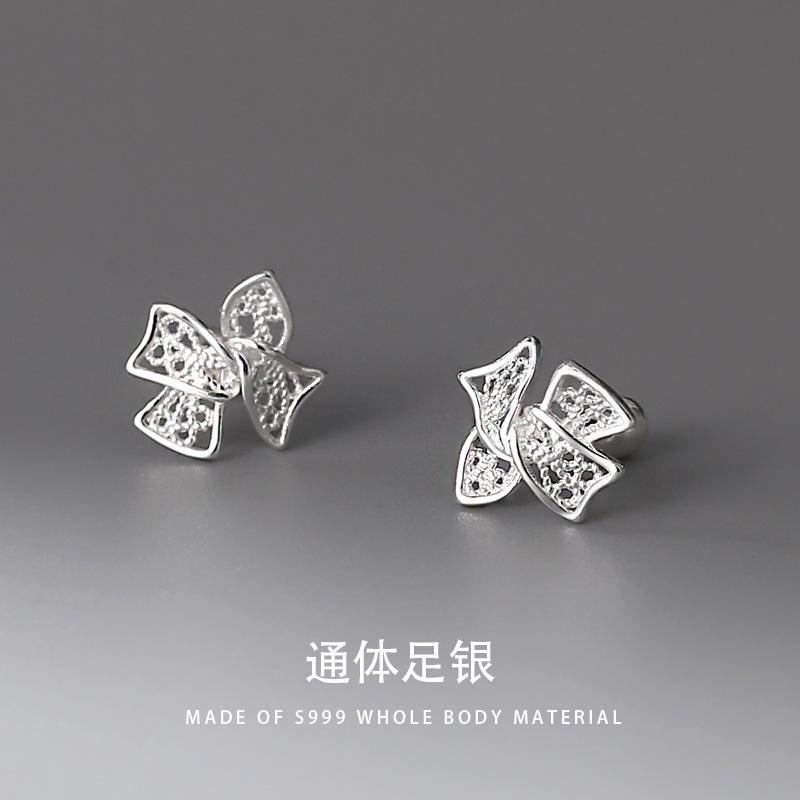 螺丝拧潮通体S999纯银蝴蝶结耳钉