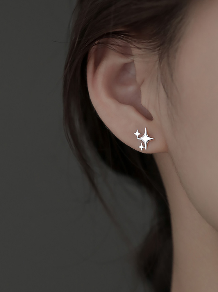通体S999足银纯银四芒星耳钉