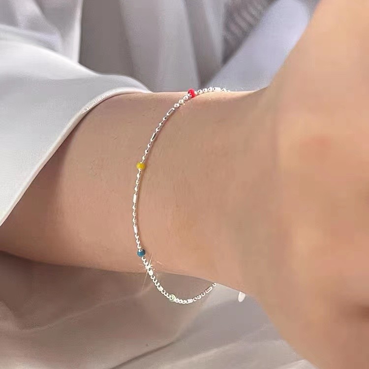 S925纯银彩色糖果圆珠手链细款简约手链韩版小众彩虹百搭气质韩版