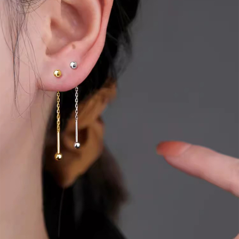 通体S925纯银饰简约圆珠螺丝耳线