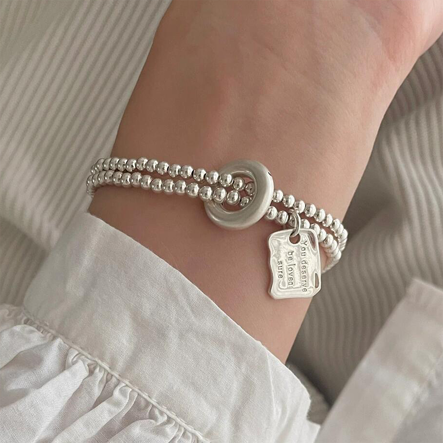 通体S925纯银双层银珠字母方牌