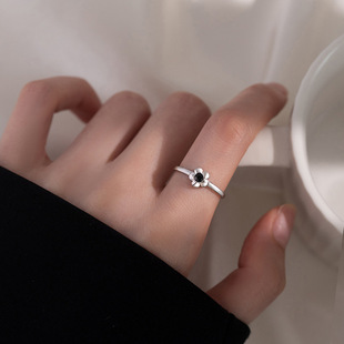 气质 S925纯银饰黑玛瑙太阳花朵戒指环女款 开口小众设计感高级韩版