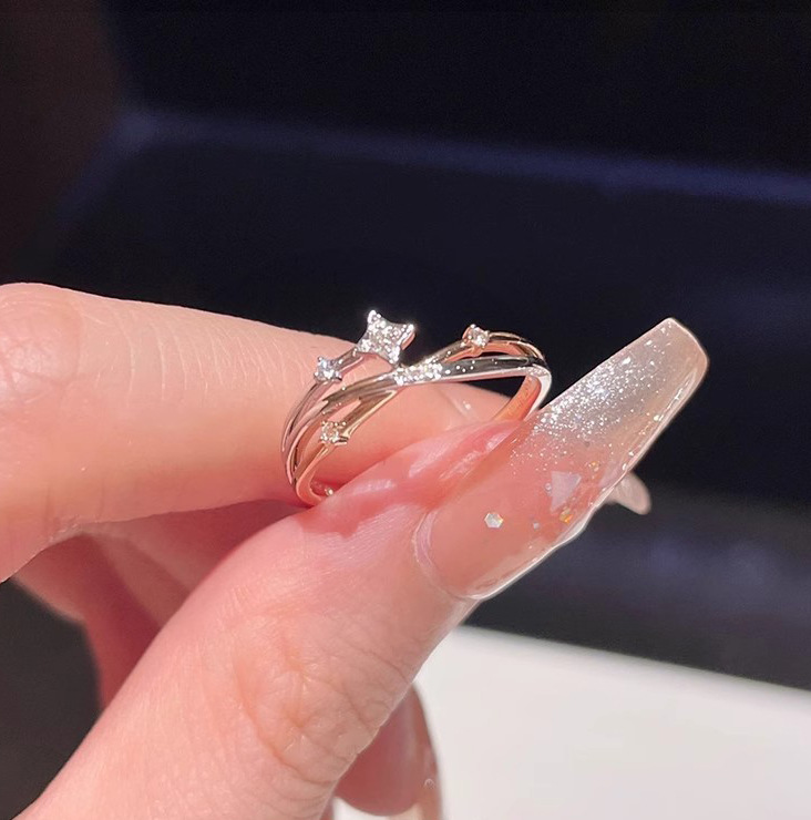 925纯银镶钻四芒星戒指环开口可调女款设计感高级轻奢气质韩版INS