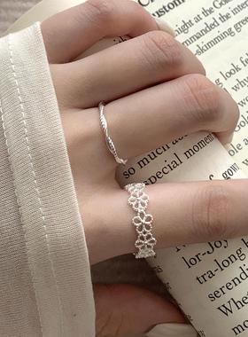 韩仙女风通体s925纯银蕾丝花朵素圈戒指环女甜美小众设计食指开口