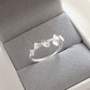 银杏叶设计感开口戒指女通体S999足银纯银时尚 森系小清新小众 个性