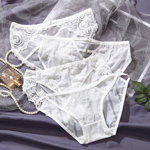 新品白色清纯日系女士内裤无痕蕾丝刺绣性感透明低腰镂空女三角裤