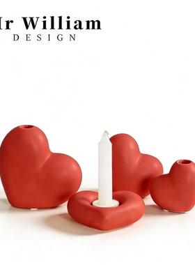 MR William 极简风心形烛台红色陶瓷家居装饰浪漫氛围蜡烛台摆件