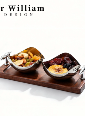 MR William 北欧轻奢胡桃木果盘家用分格水果盘托盘带把手零食碗
