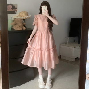 少女甜美气质花边连衣裙夏季粉色公主裙初高中学生温柔减龄中长裙
