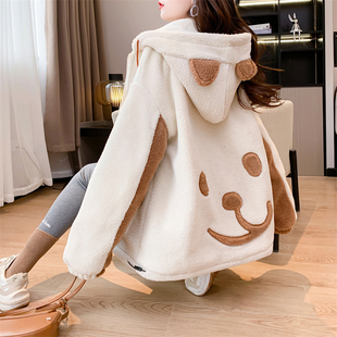 初中生可爱羊羔绒卫衣外套女宽松时尚高中学生加绒加厚颗粒绒棉袄