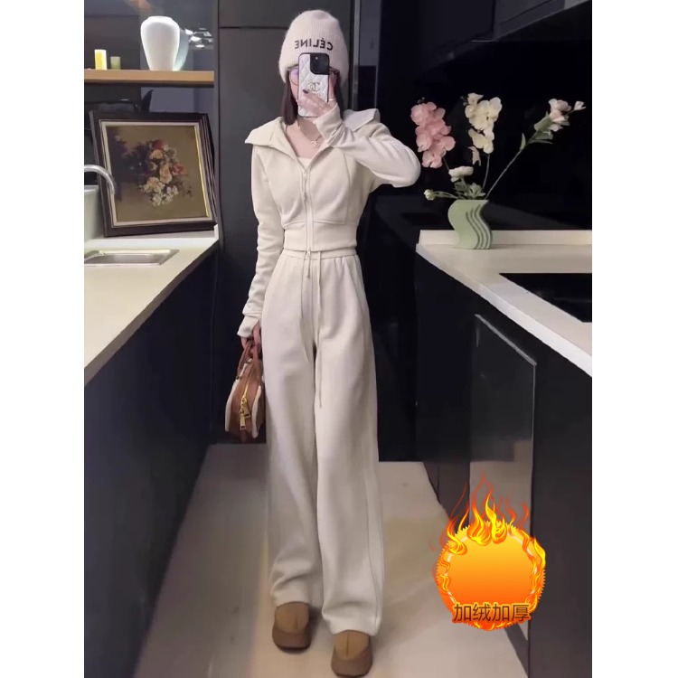 加绒加厚休闲运动套装女初高中学生冬季连帽开衫卫衣阔腿裤两件套