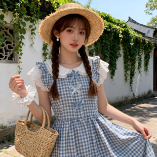 甜美减龄娃娃领连衣裙夏小飞袖格子裙初高中大学生法式气质中长裙