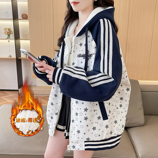 冬季新款加绒加厚保暖外套女初高中大学生时尚羊羔绒连帽开衫棉袄