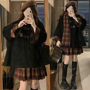 英伦学院风JK制服套装秋冬新款初高中学生毛呢外套百褶裙两件套女