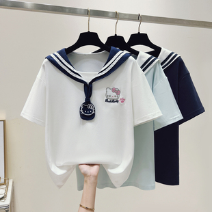 少女大童学院风海军领T恤夏13新款14岁初中学生宽松可爱刺绣上衣